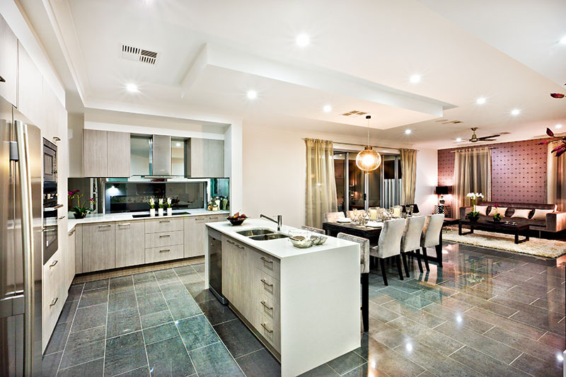 Modern And Shiny Kitchen With Reflective Green Floor Tiles